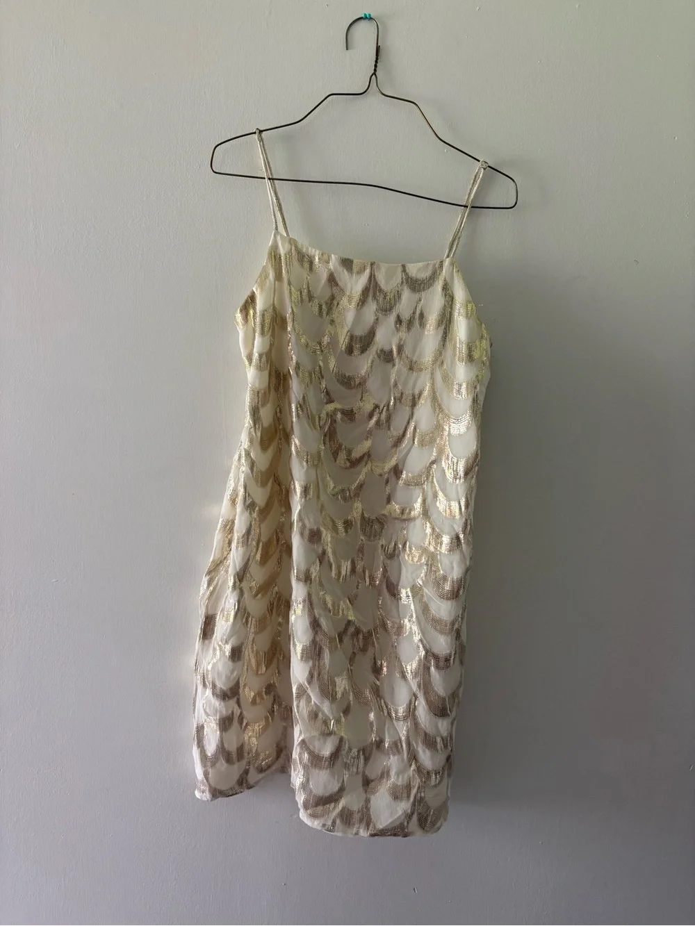100% silk Ivory Slip Mini Dress with Gold Sequin Scallop Detail - Women